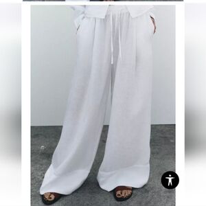 ZARA 100% Linen Palazzo Wide Leg Pants White Size XXL